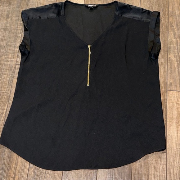 Express Tops - Express Womens Black Satin Trim Quarter Zip Short Sleeve Blouse Top XS